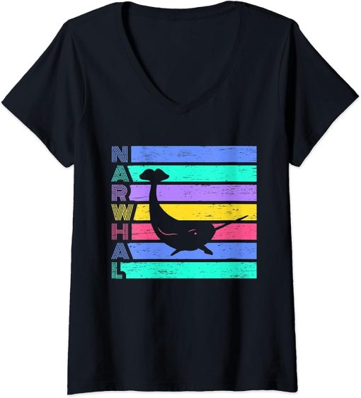 Womens Narwhal Retro - Orca Narwhal V-Neck T-Shirt